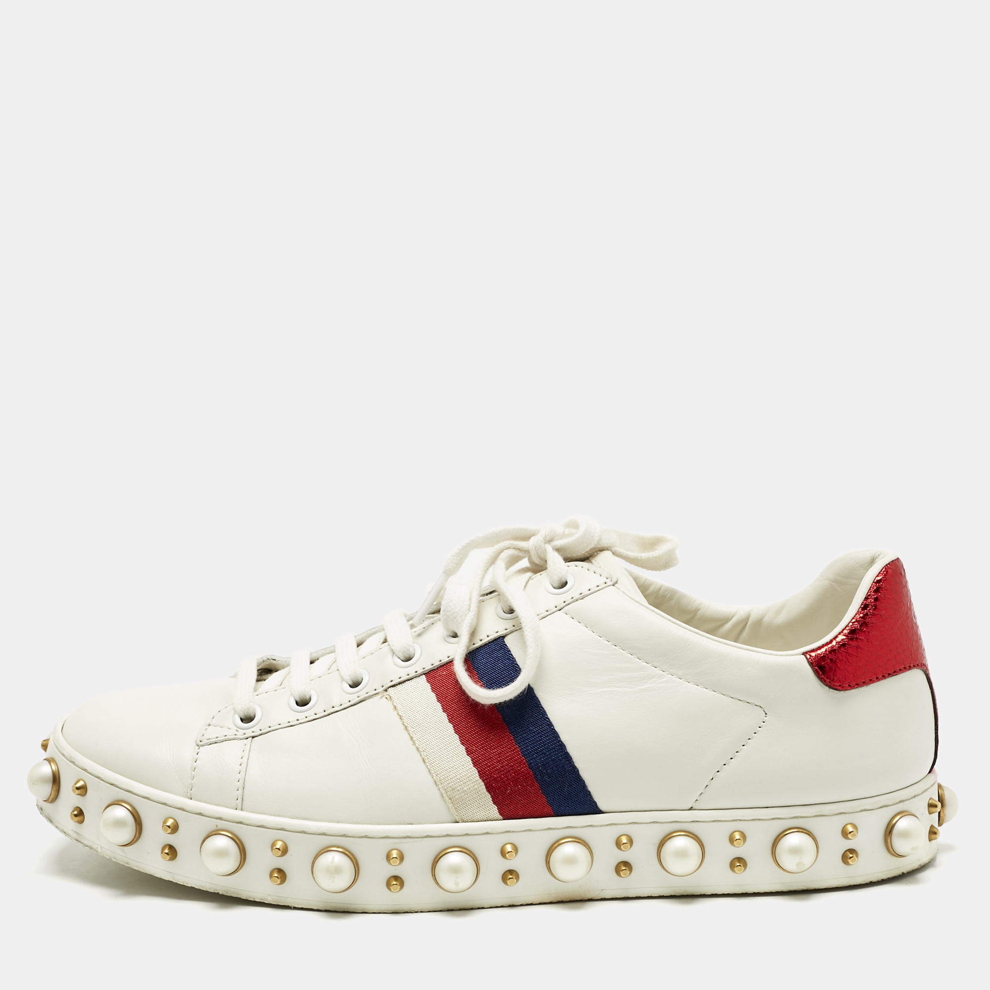 Leather Pearl Studded Ace Sneakers Size 41 - Gucci - Modalova