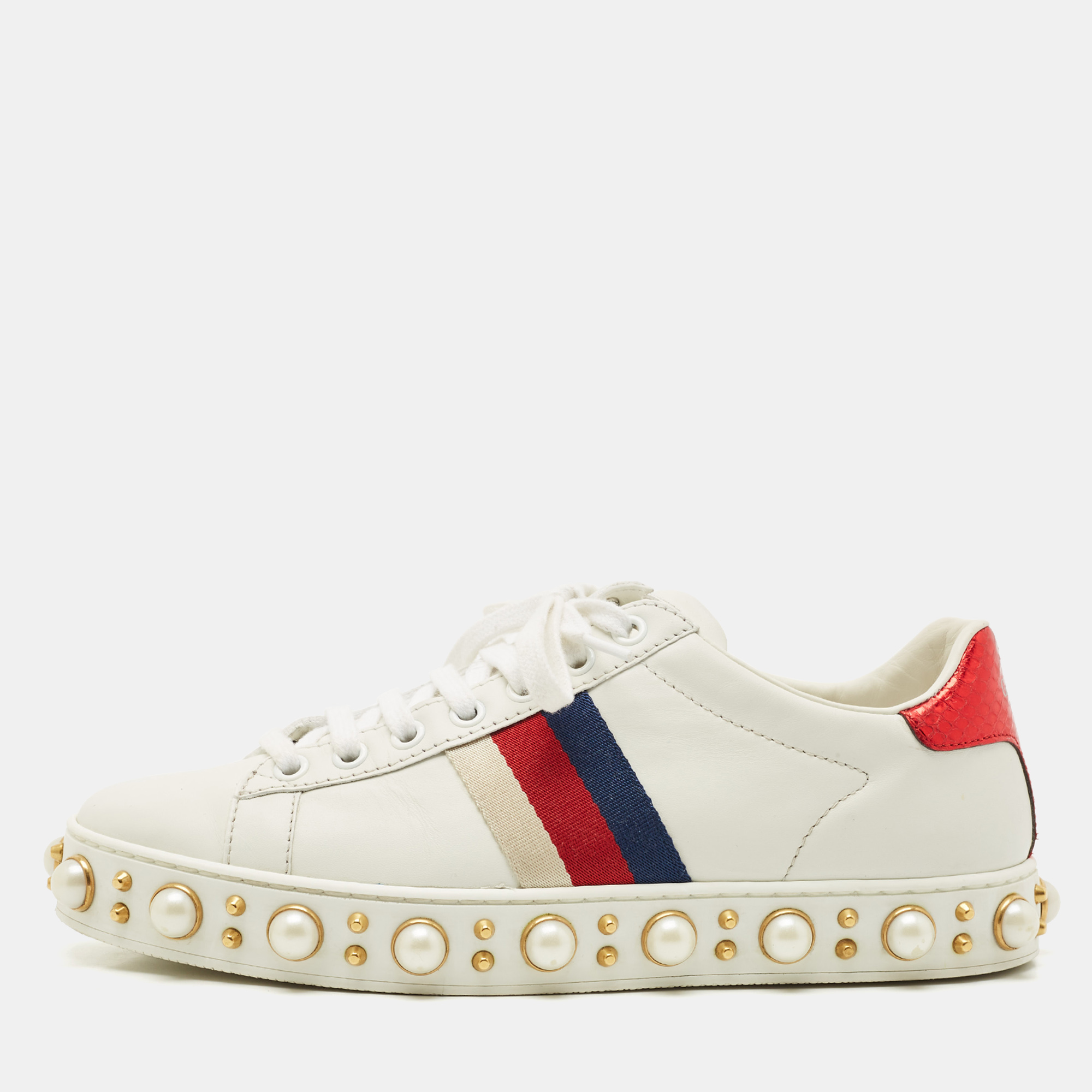 Leather Pearl Studded Ace Sneakers Size 37 - Gucci - Modalova