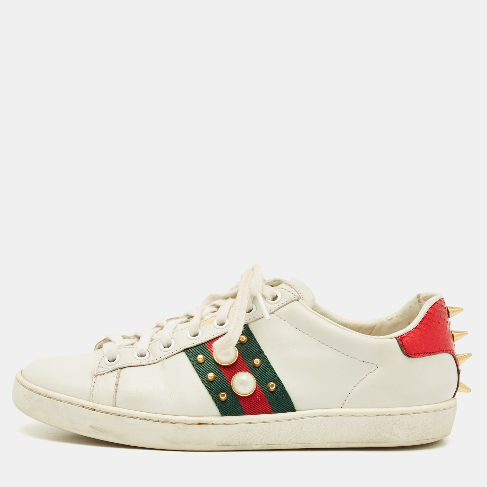 Gucci White Leather and Snakeskin Embossed Leather Ace Web Lace Up Sneakers Size 38 - Gucci - Modalova