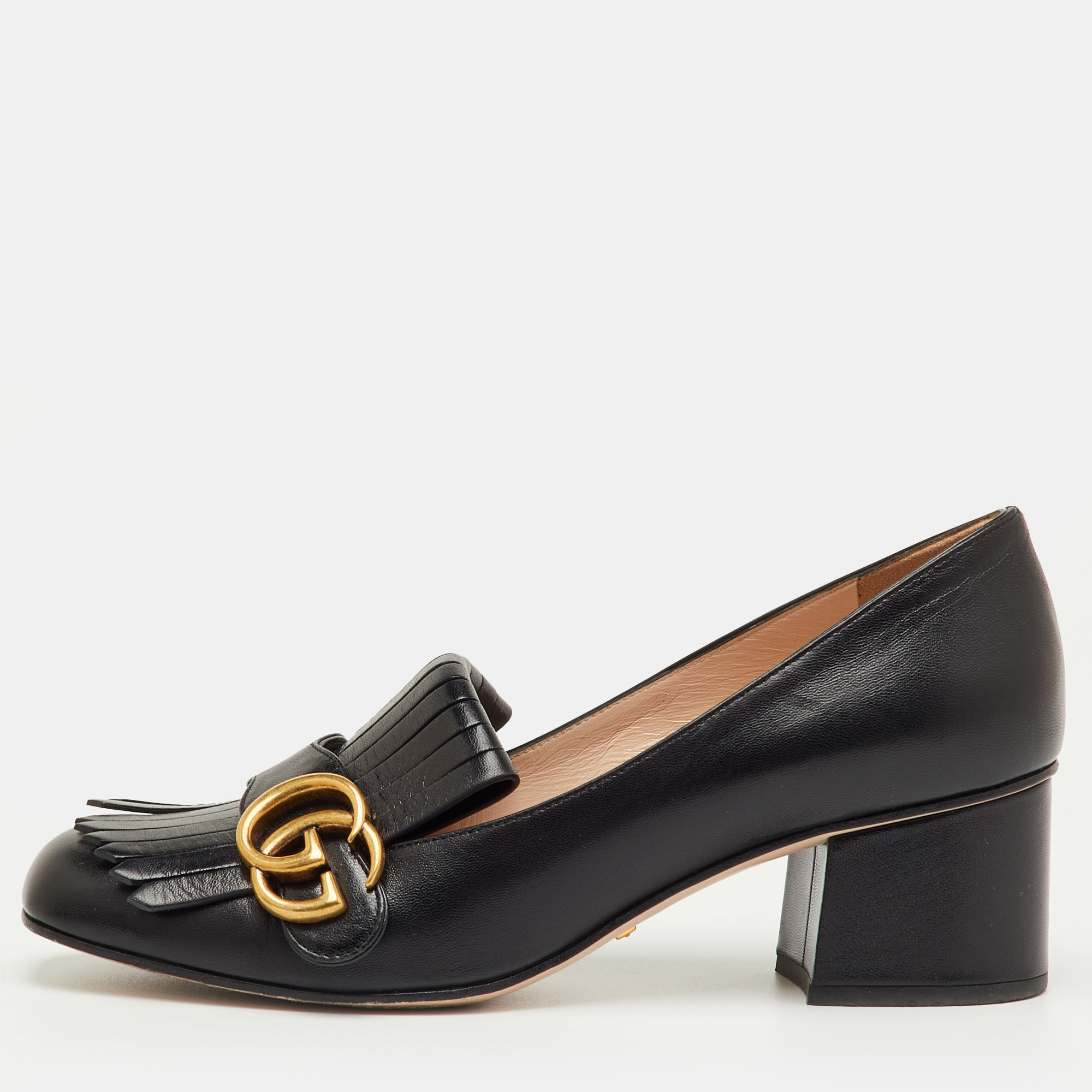 Gucci Black Leather GG Marmont Fringe Detail Block Heel Pumps Size
Gucci Black Leather GG Marmont Fringe Detail Block Heel Pumps Size