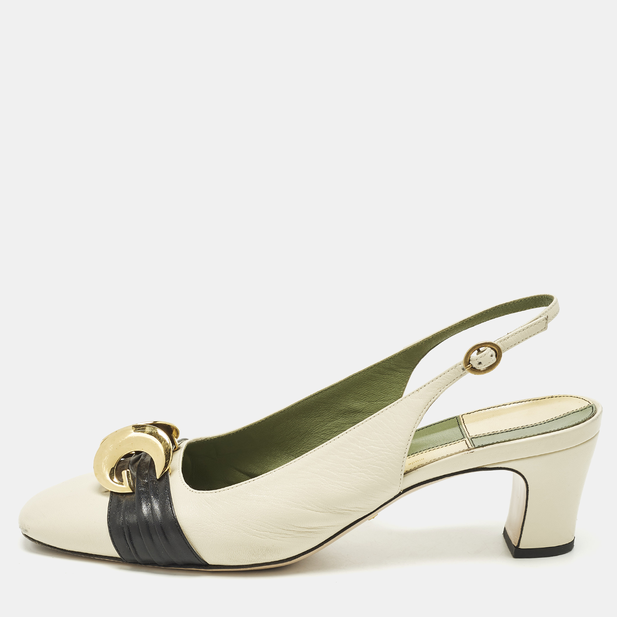 Gucci Half Moon Size Cream/Black Leather Slingback Pumps
Gucci Half Moon Size Cream/Black Leather Slingback Pumps