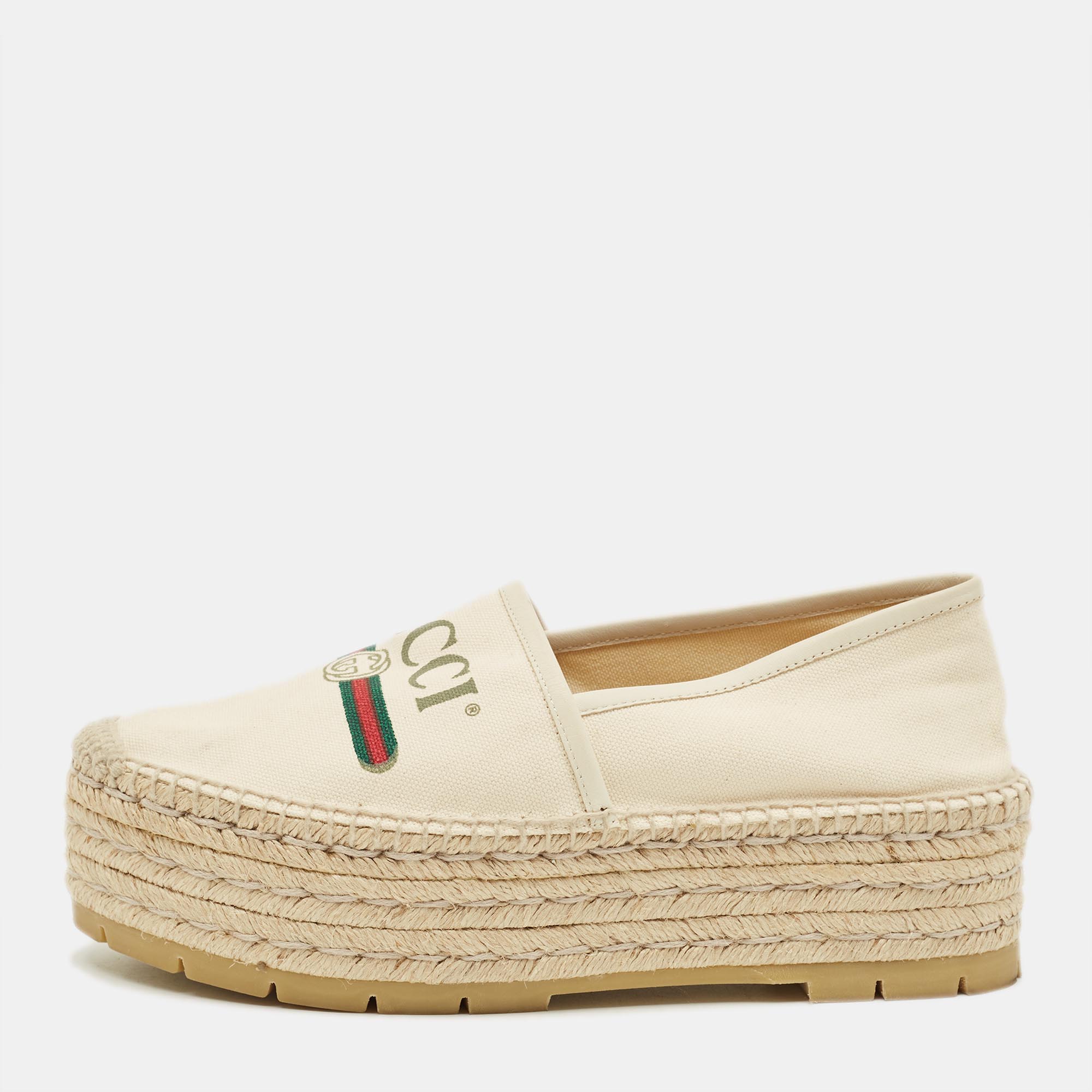 Gucci Size Cream Canvas and Leather Logo Graphic Print Platform Espadrille
Gucci Size Cream Canvas and Leather Logo Graphic Print Platform Espadrille