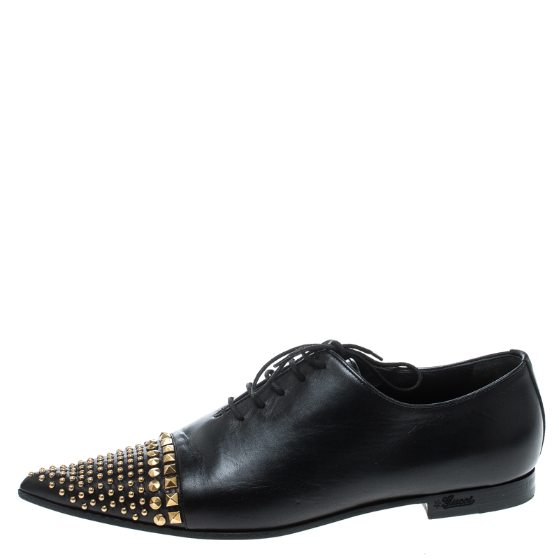 Gucci Black Leather Studded Pointed Toe Loafers Size 37