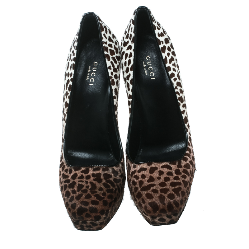 Gucci Brown Leopard Print Degradé Pony Hair Square Toe Platform Pumps Size 38.5