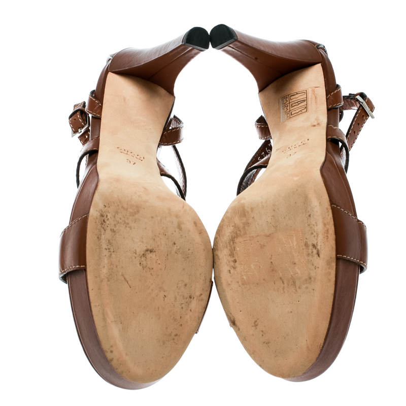 Gucci Brown Leather Icon Bit Ankle Strap Platform Sandals Size 37
