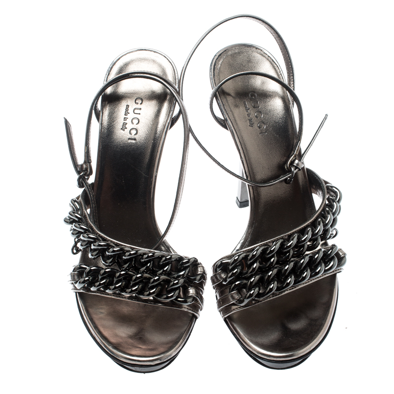 Gucci Metallic Grey Leather GG Chain Detail Ankle Wrap Sandals Size 34