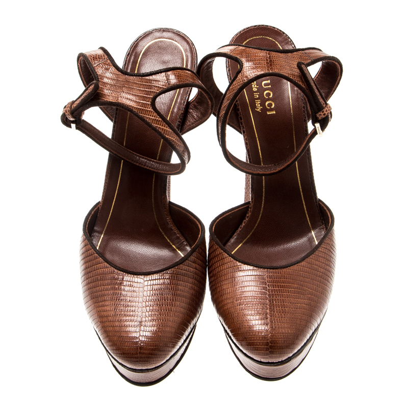 Gucci Brown Lizard Leather Platform Ankle Strap Sandals Size 36.5