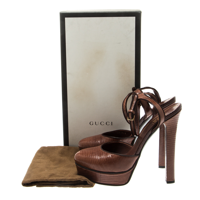 Gucci Brown Lizard Leather Platform Ankle Strap Sandals Size 36.5