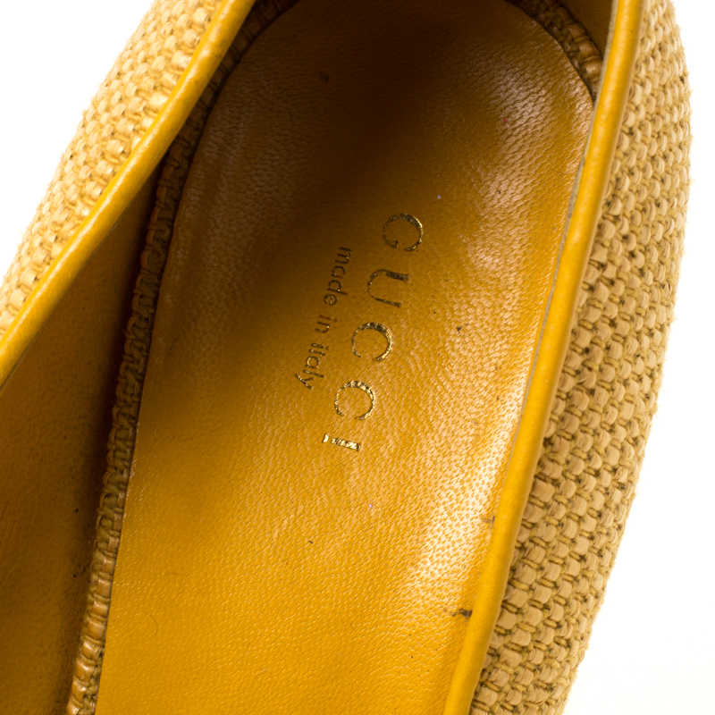 Gucci Mustard Raffia Charlotte Horsebit Peep Toe Wedge Pumps Size 40