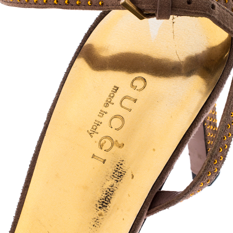 Gucci Beige Suede Fleur Studded Ankle Strap Sandals Size 37.5