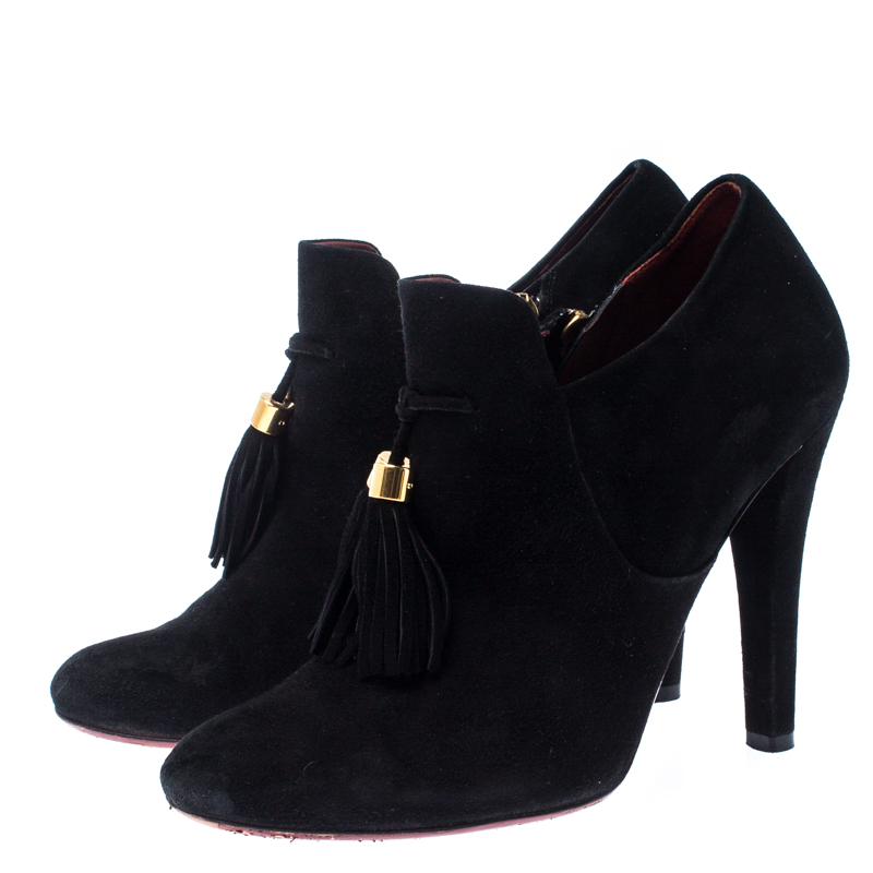 Gucci Black Suede Leather Tassel Booties Size 36.5