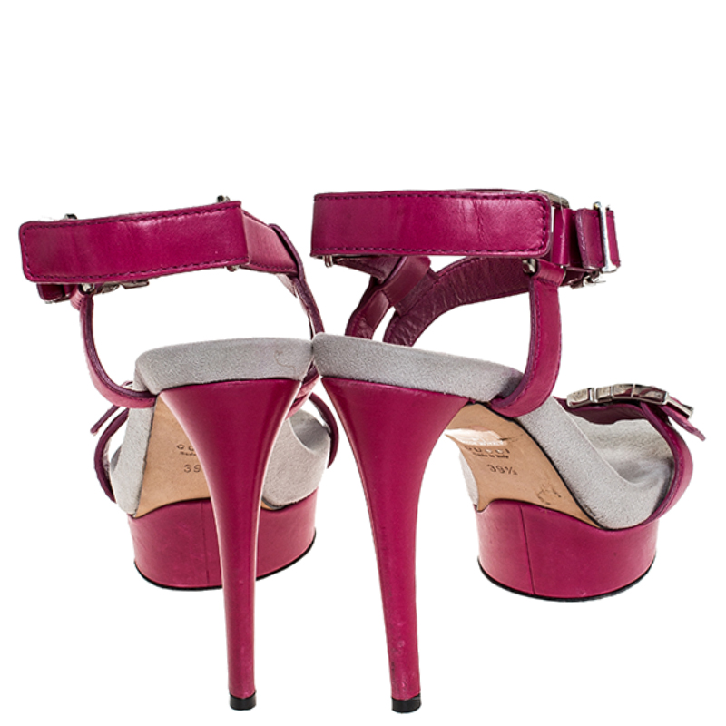 Gucci Pink Leather Side Release Buckle Detail Open Toe Platform Ankle Strap Sandals Size 39.5