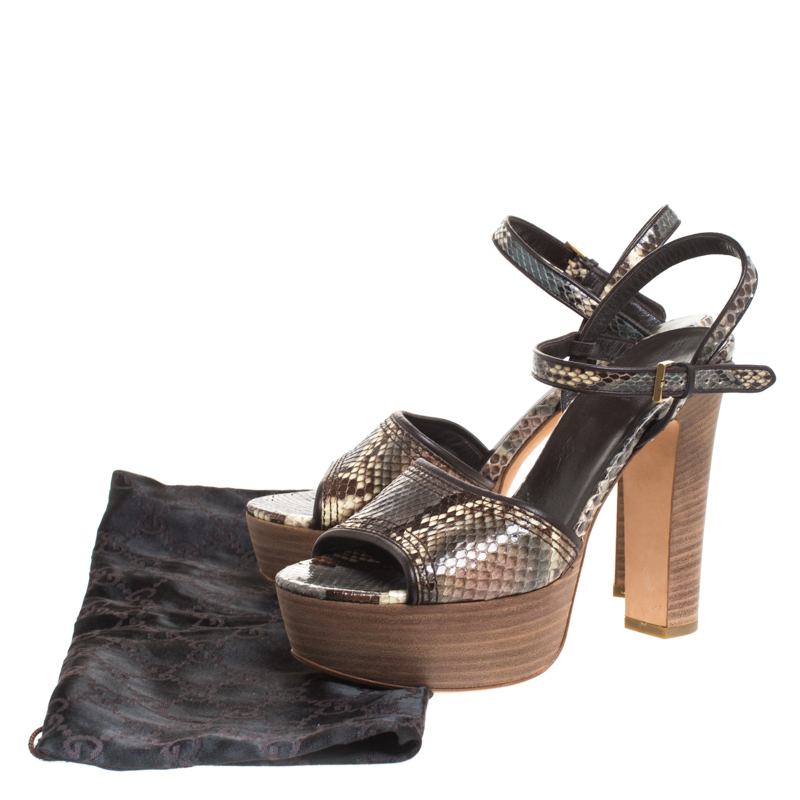 Gucci Multicolor Python And Leather Trim Danielle Platform Ankle Strap Sandals Size 38