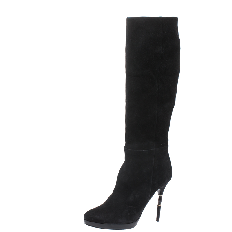 Image of Gucci Black Suede & Bamboo Bit Heel Knee High Boots Size .