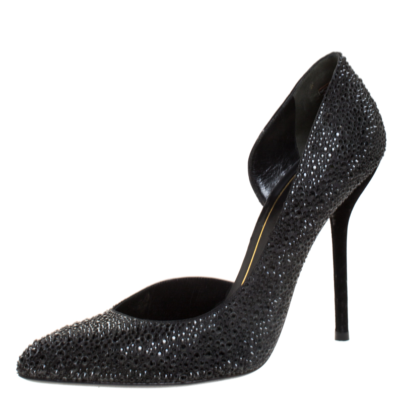 Gucci black crystal embellished satin and suede noah d'orsay pumps size 39