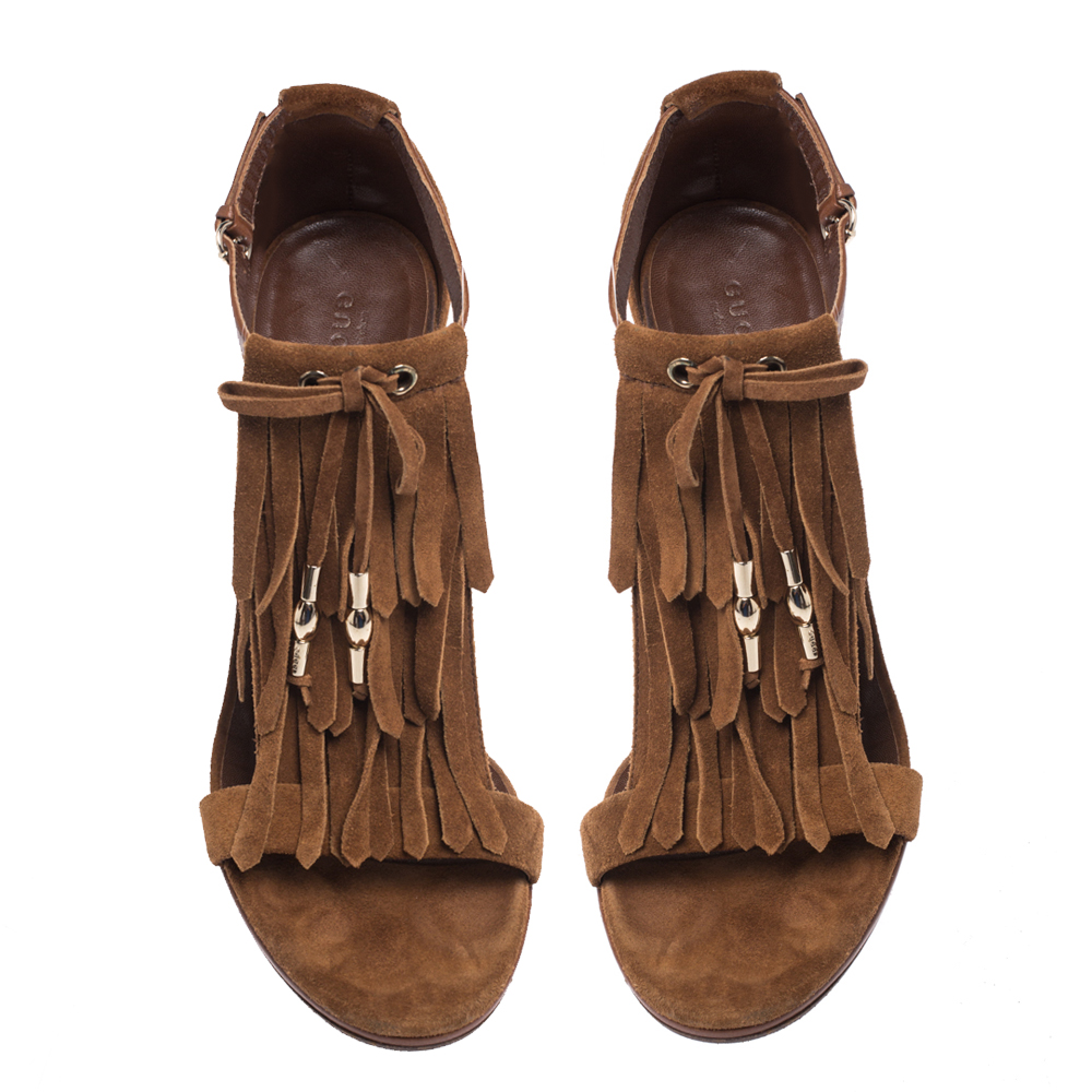 Gucci Brown Suede Fringe Bow Slingback Sandals Size 39.5