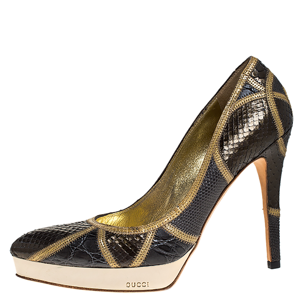 Gucci Dark Grey/Grey Mixed Python And Croc Pointed Toe Platform Pumps Size
Gucci Dark Grey/Grey Mixed Python And Croc Pointed Toe Platform Pumps Size