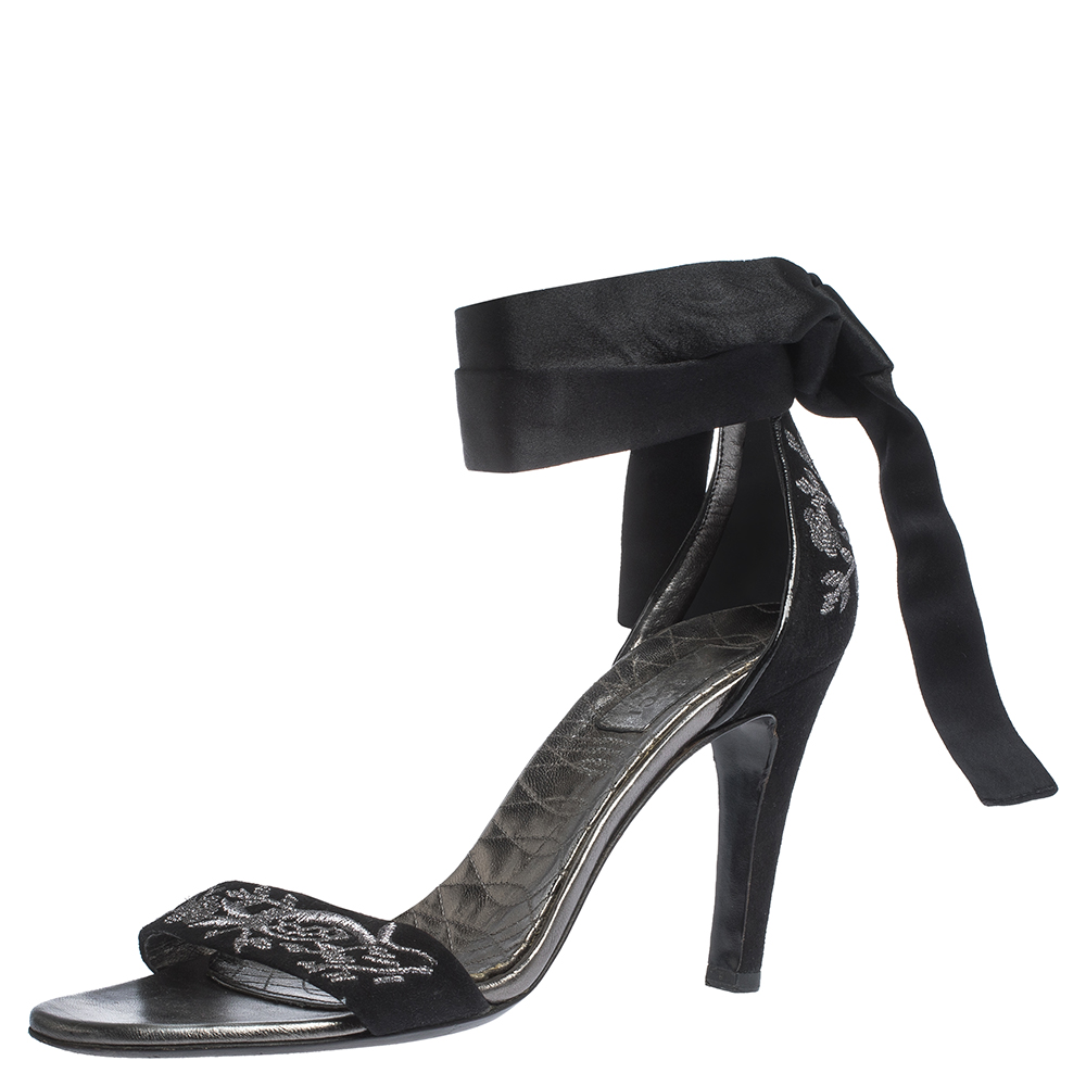 Gucci Black Embroidered Suede And Satin Open Toe Ankle Wrap Sandals Size 39