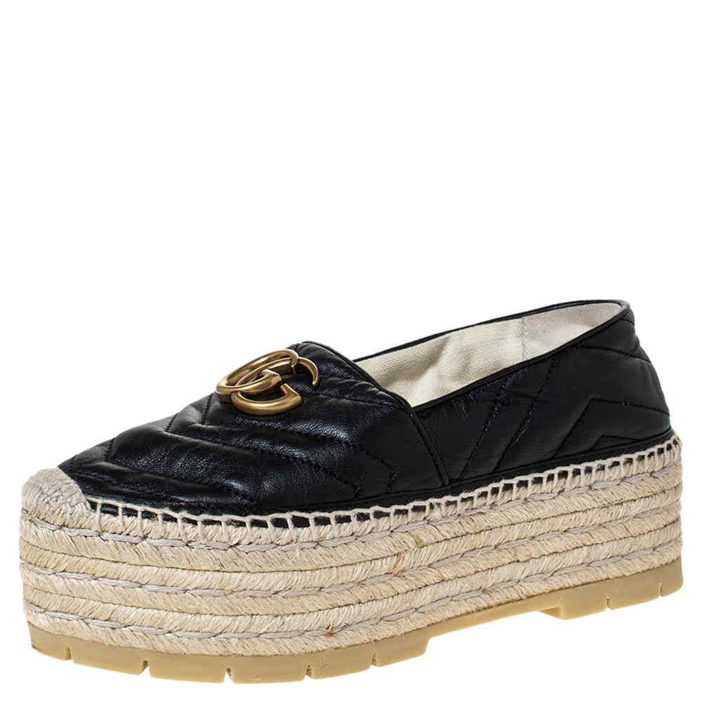 Image of Gucci Black Leather GG Marmont Platform Espadrilles Size