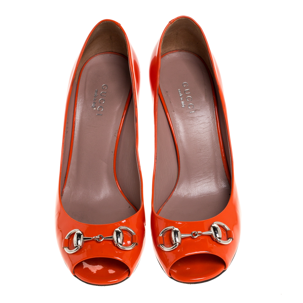 Gucci Orange Patent Leather Horsebit Peep Toe Pumps Size 36