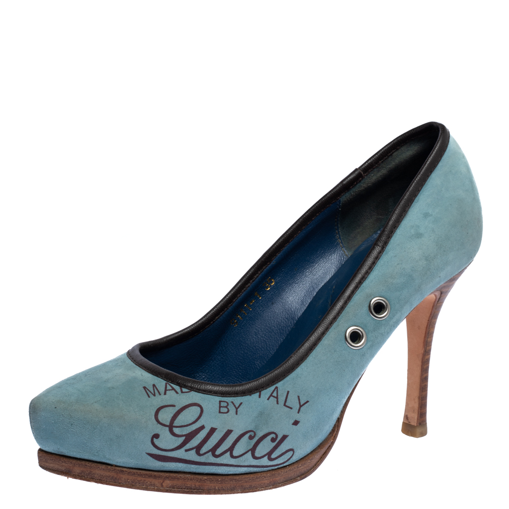 Gucci blue suede and brown leather trim eyelet embellished platform pumps size 35