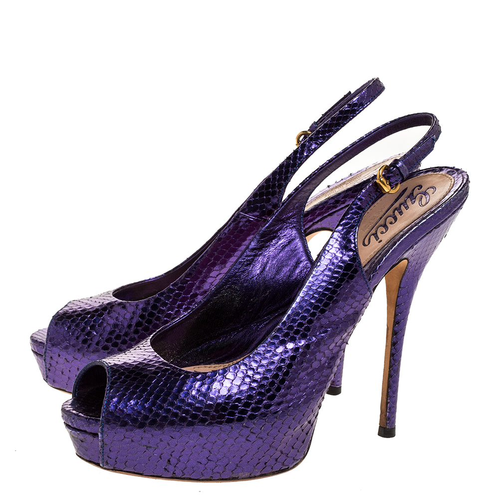 Gucci Purple Python Leather Sofia Platform Peep Toe Slingback Sandals Size 37
