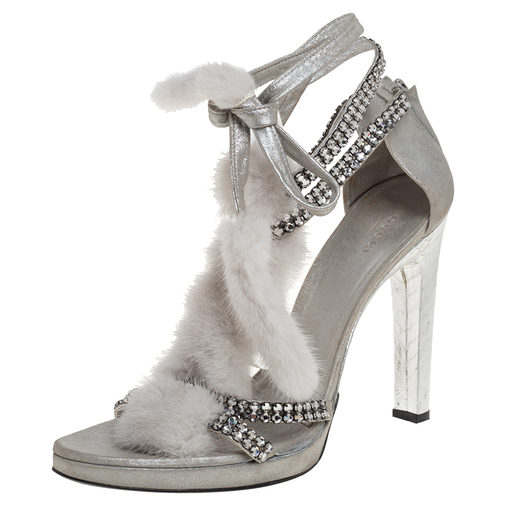 Tom ford for gucci silver leather and mink fur strappy ankle wrap sandals size 40.5