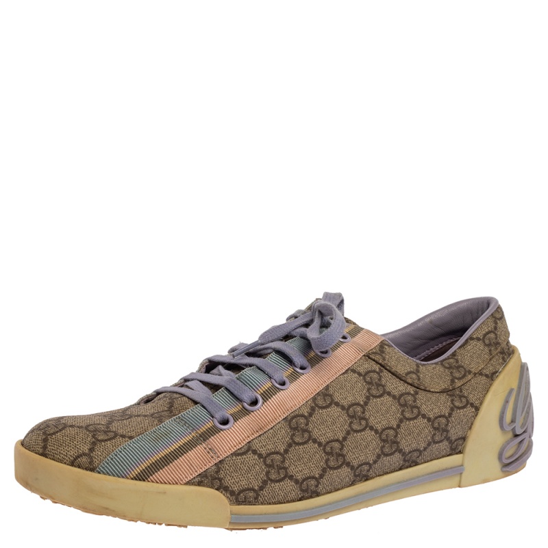 Image of Gucci Beige GG Canvas Boulevard Script Logo Lace Up Sneakers Size