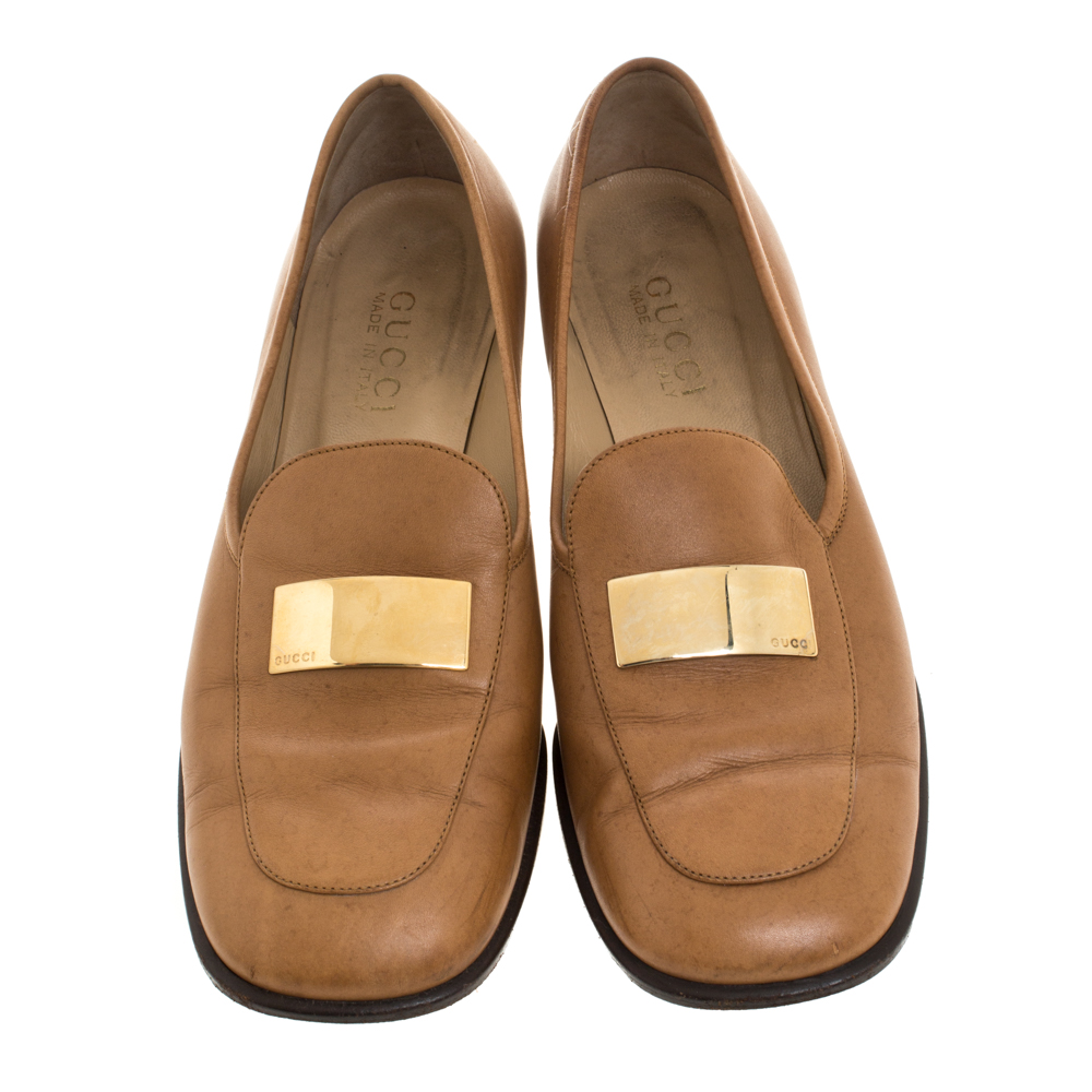 Gucci Brown Leather Gold-Tone Logo Plate Block Heel Loafer Pumps Size 37.5