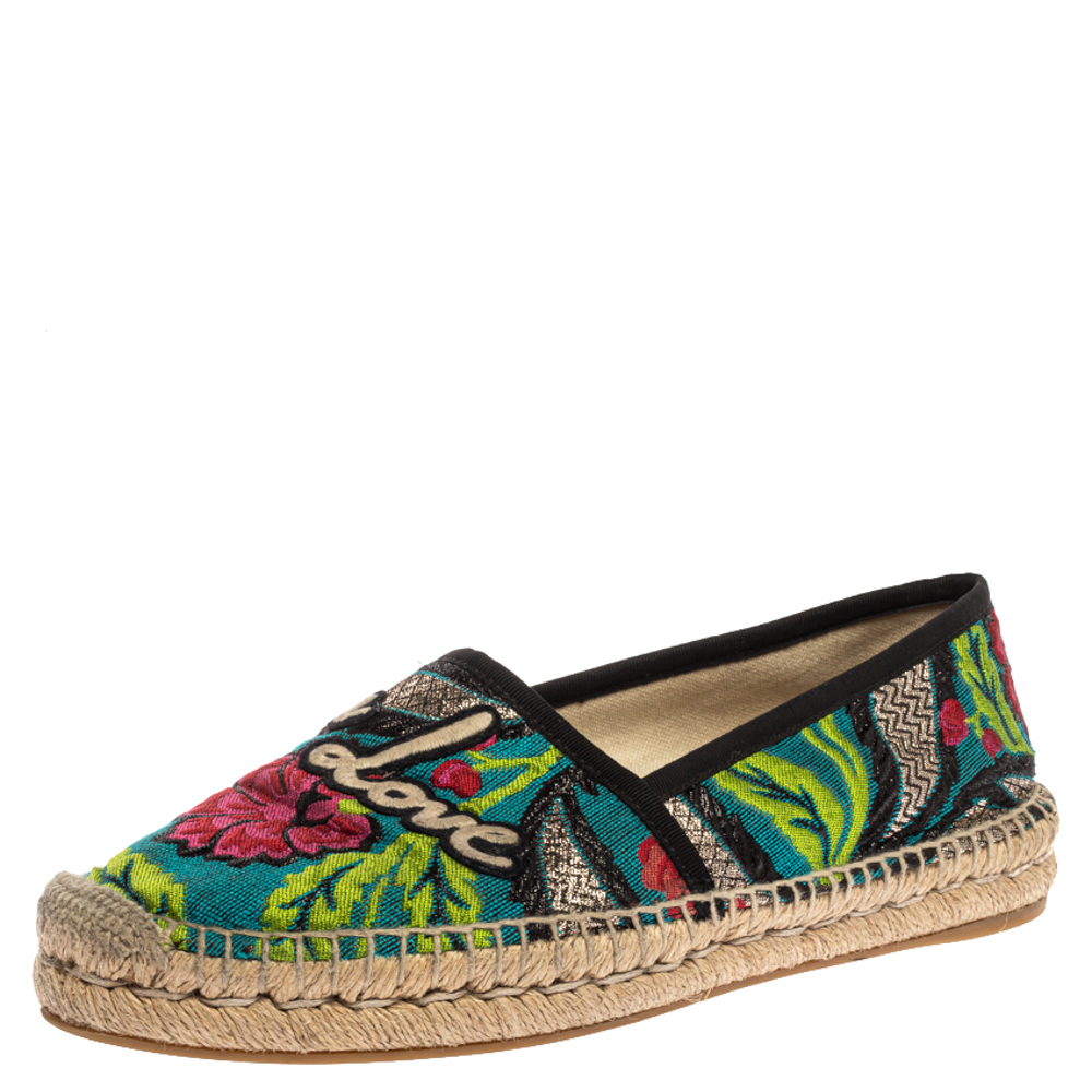 Image of Gucci Multicolor Canvas Pilar Blind for Love Embroidered Brocade Espadrilles Flats Size