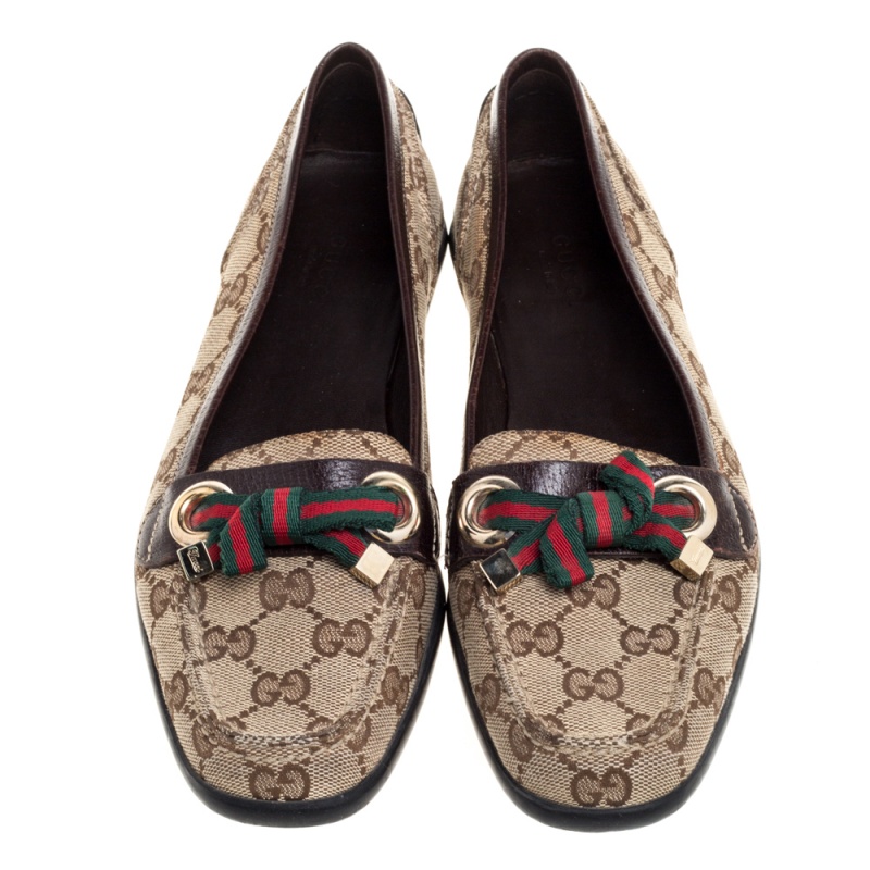 Gucci Beige/Brown GG Canvas And Leather Web Bow Detail Loafers Size 35.5