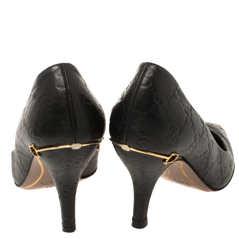 Gucci Black Guccissima Leather Adina Horsebit Pointed Toe Pumps Size 36
