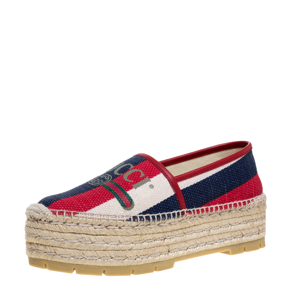 Image of Gucci Multicolor Canvas And Leather Trim Sylvie Platform Espadrilles Size
