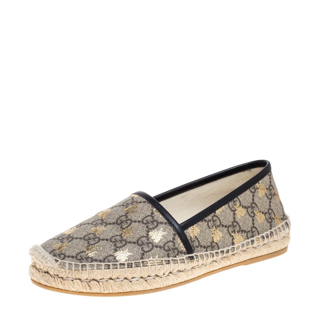 Image of Gucci Beige/Black Coated Canvas and Leather Bee Espadrilles Size .