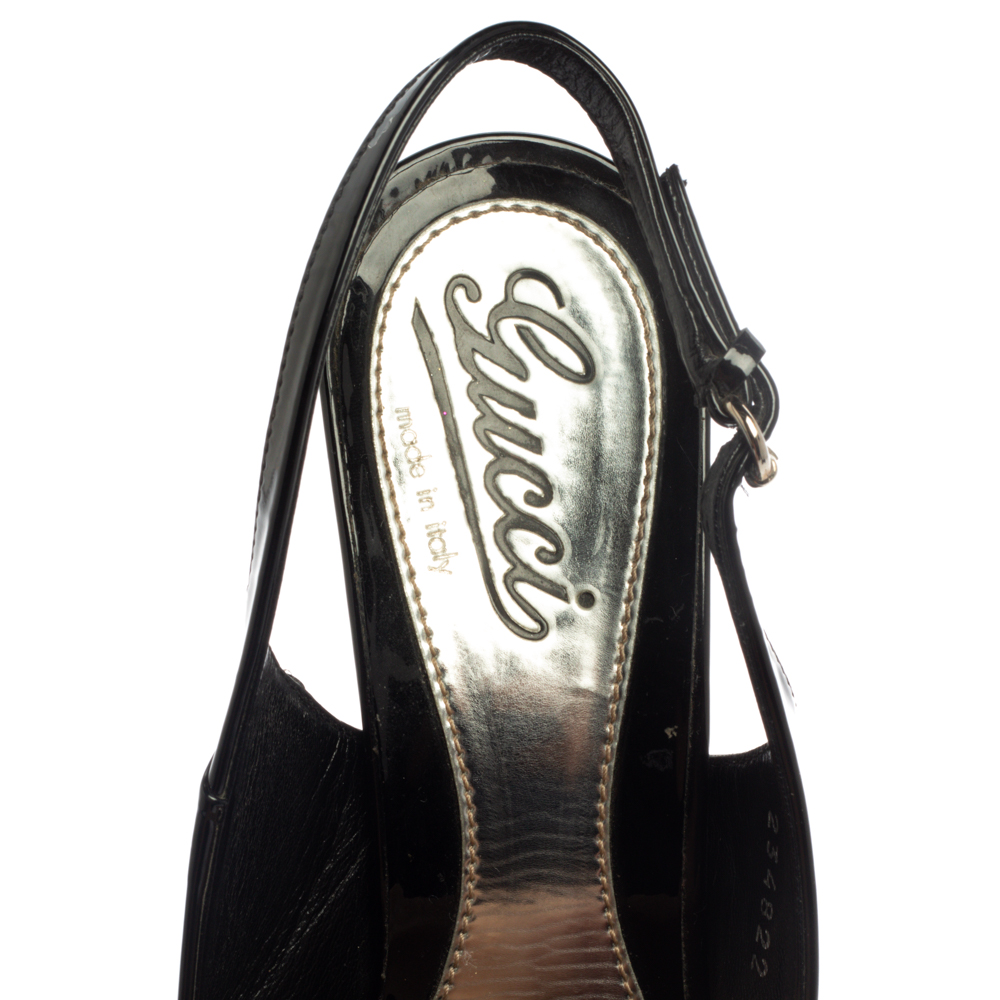 Gucci Black Patent Leather Sofia Platform Slingback Sandals Size 37