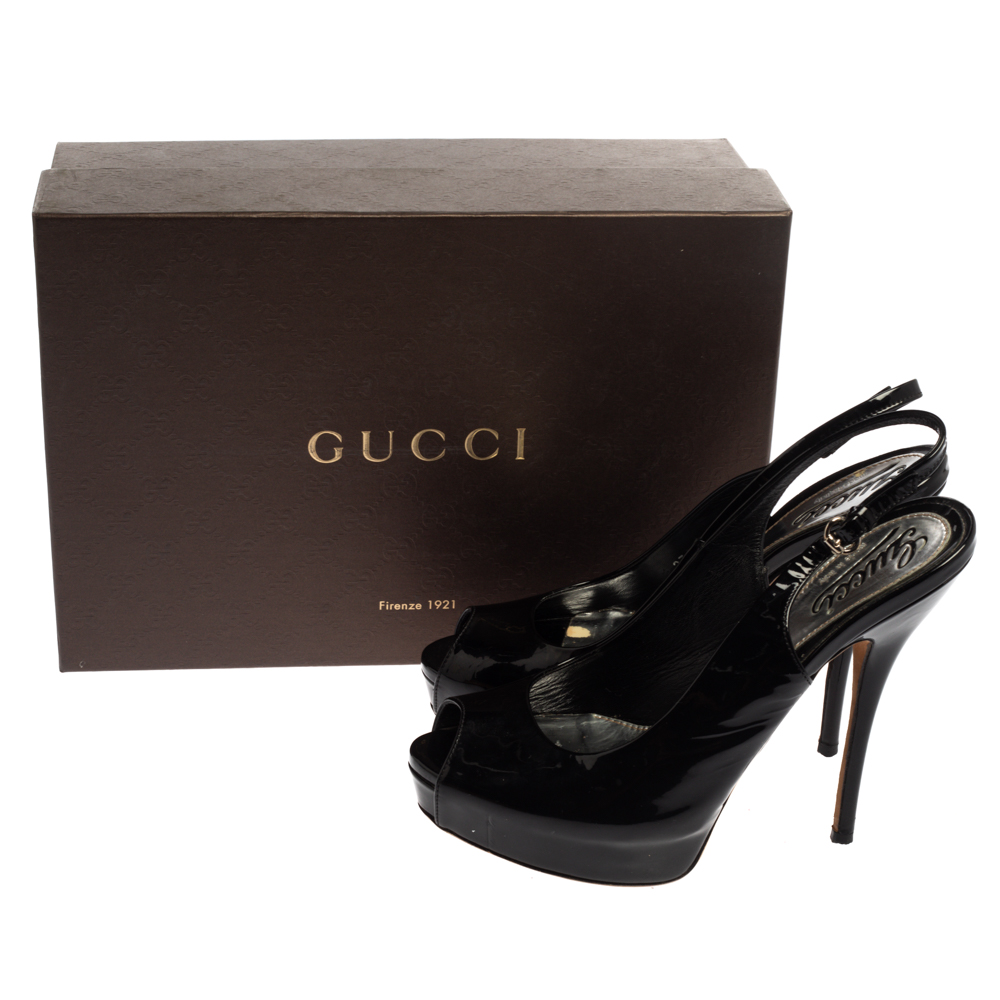 Gucci Black Patent Leather Sofia Platform Slingback Sandals Size 37