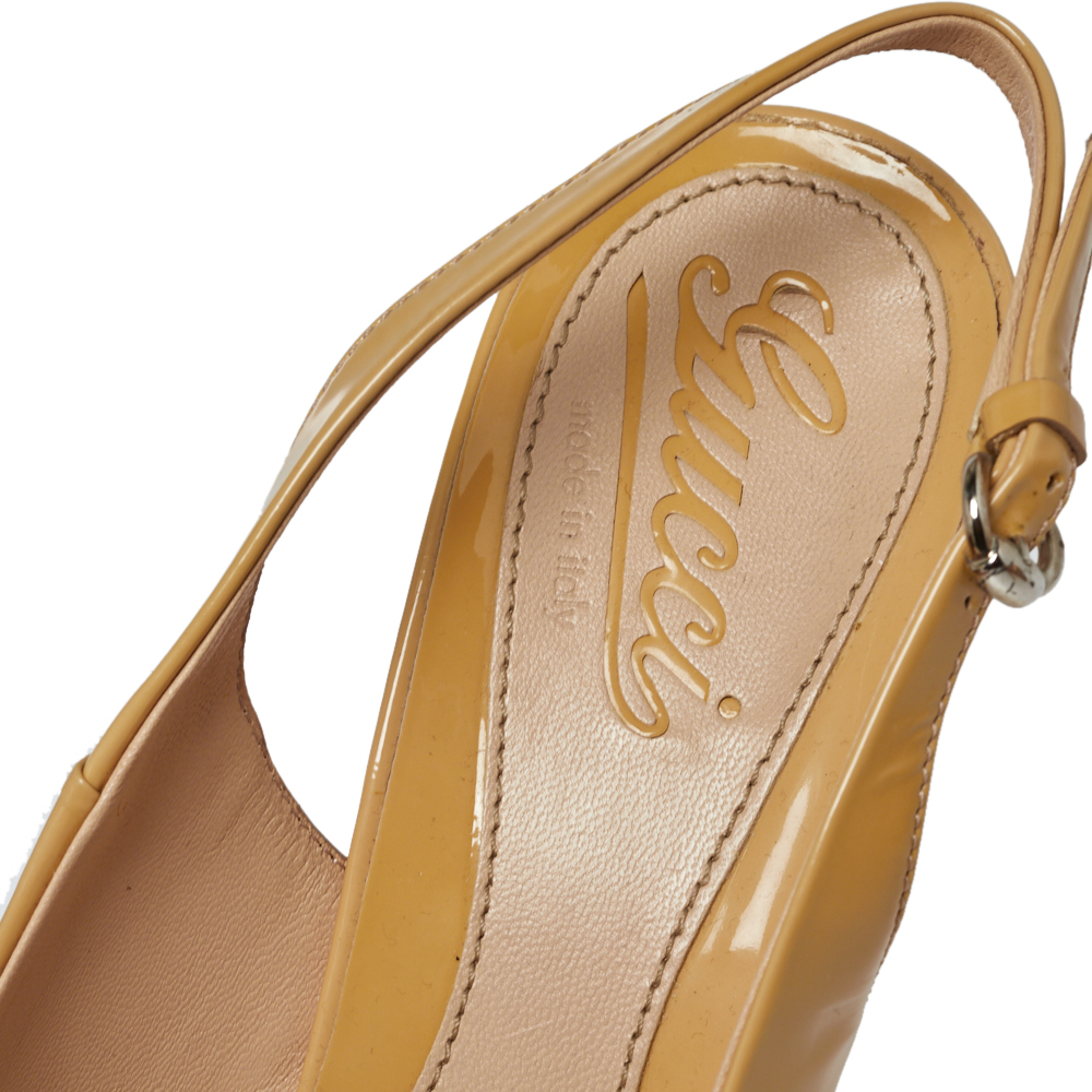 Gucci Beige Patent Peep Toe Platform Ankle Strap Cut Out Sandals Size 38