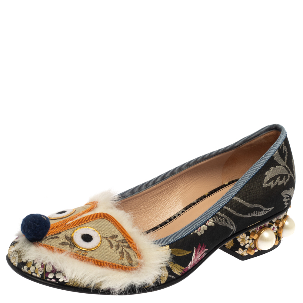 Gucci Multicolor Jacquard Fabric Pearl Embellished Flats Size 37