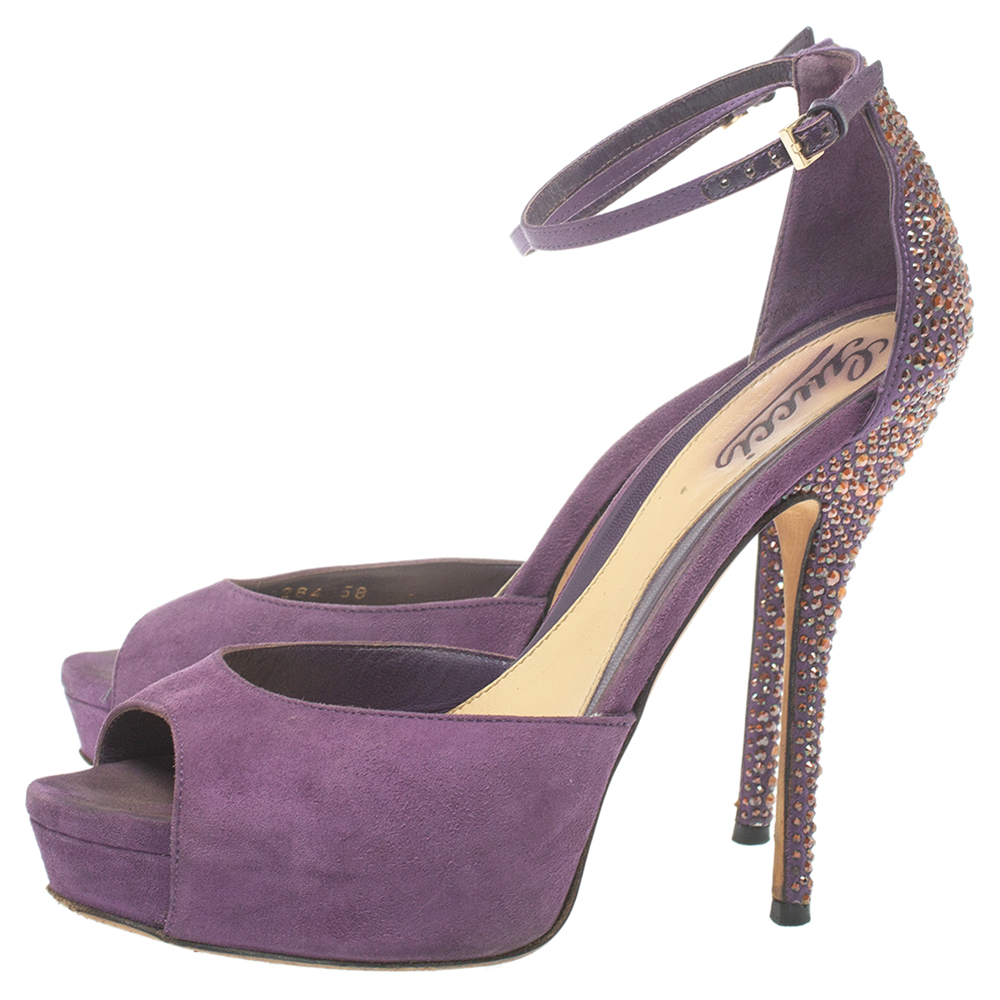 Gucci  Purple Suede Embellished Ankle Strap Sandals Size 37