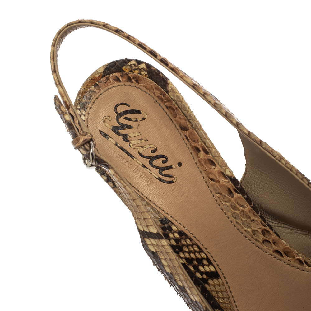 Gucci Beige Snakeskin Slingback Peep Toe Sandals Size 40.5