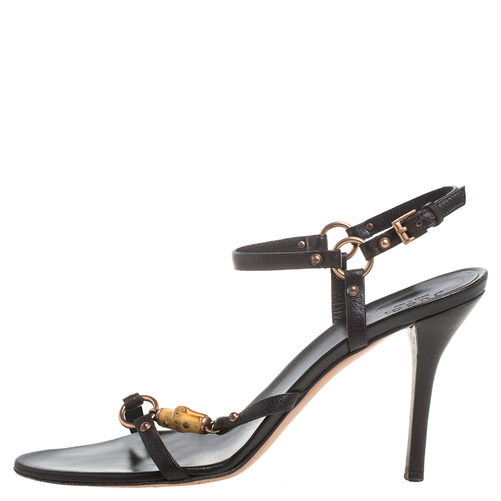 Gucci Black Leather Bamboo Tassel Open Toe Sandal Size 38.5