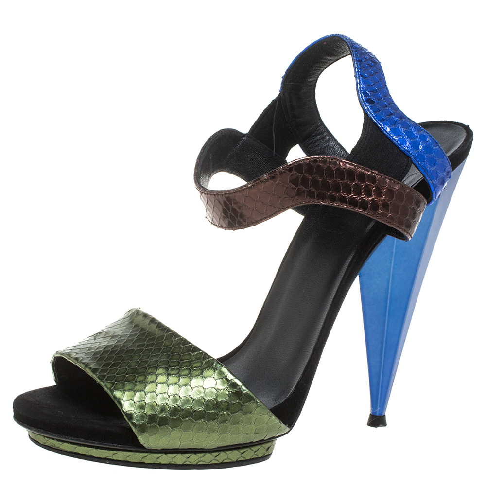 Gucci Multicolor Python Liberty Open Toe Ankle Strap Sandals Size 40