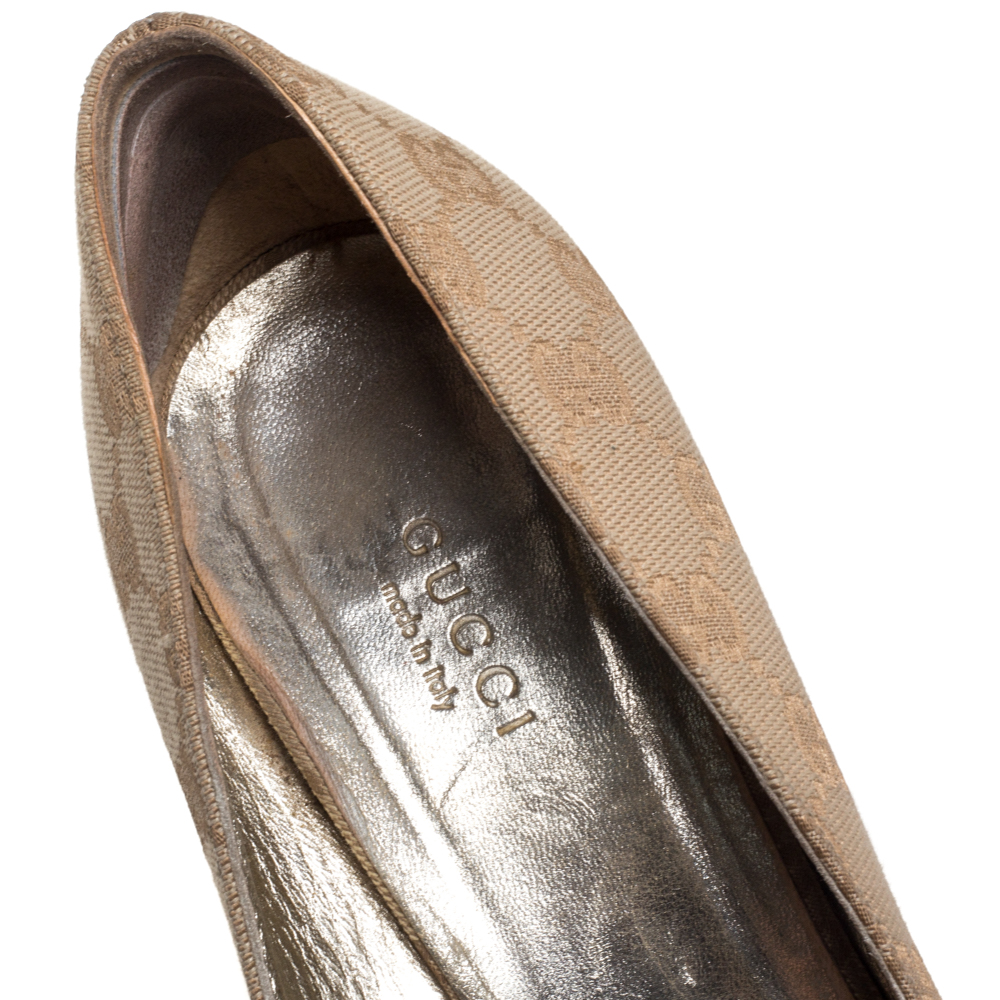 Gucci Beige Canvas Horsebit Peep Toe Platform  Pumps Size 39.5