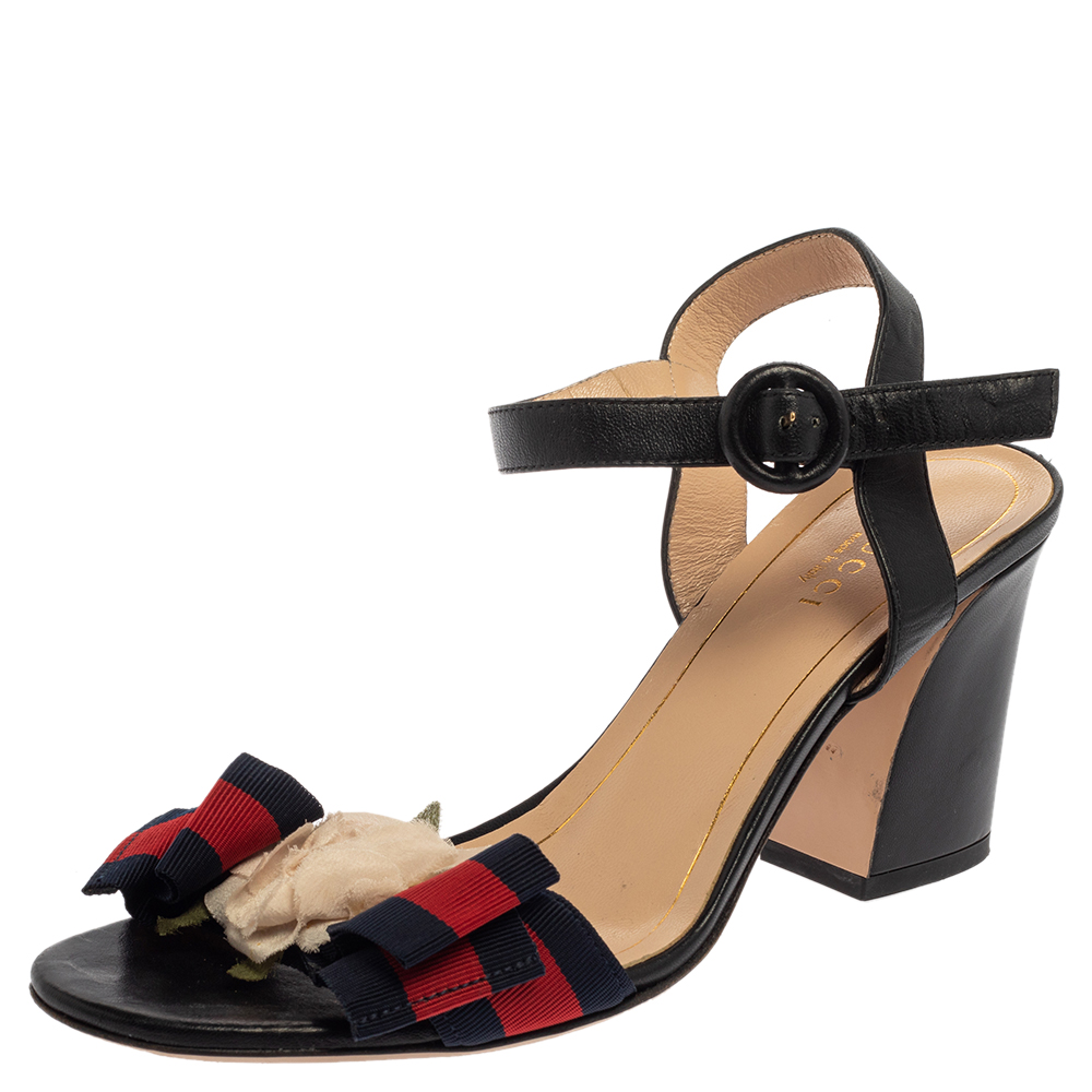Gucci Multicolor Leather And Fabric Web Bow Rose Detail Sandals Size 36.5