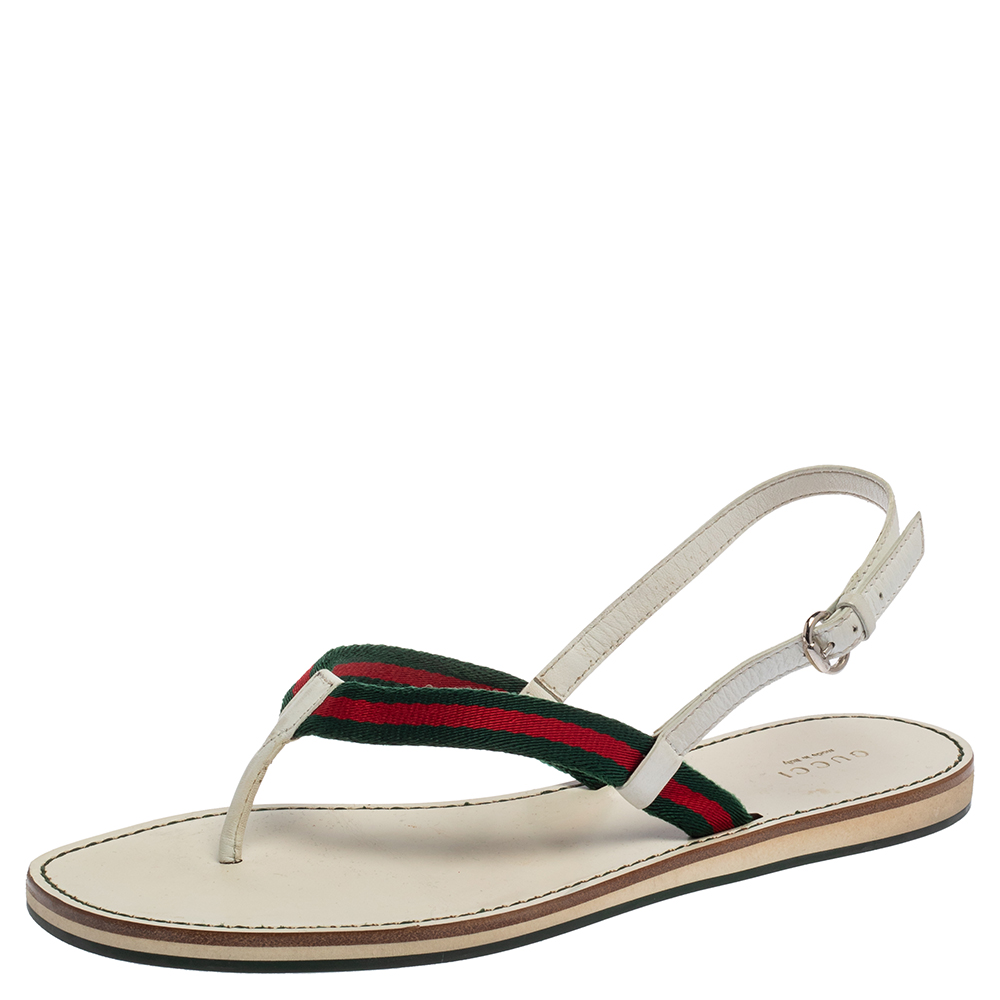 Gucci Multicolor Web And Leather Thong Flat Sandals Size 39