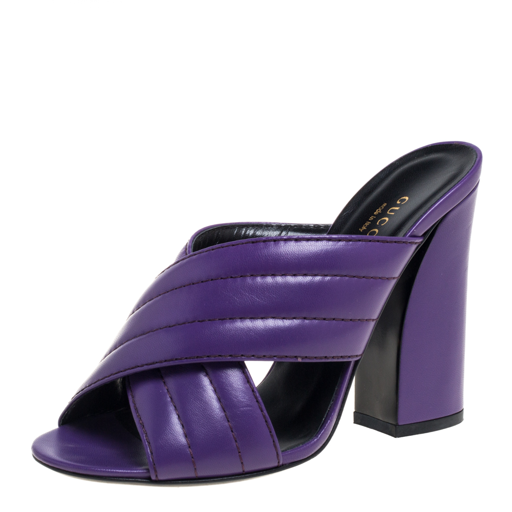 Gucci Purple Leather Crisscross Mule Sandals Size 38.5
