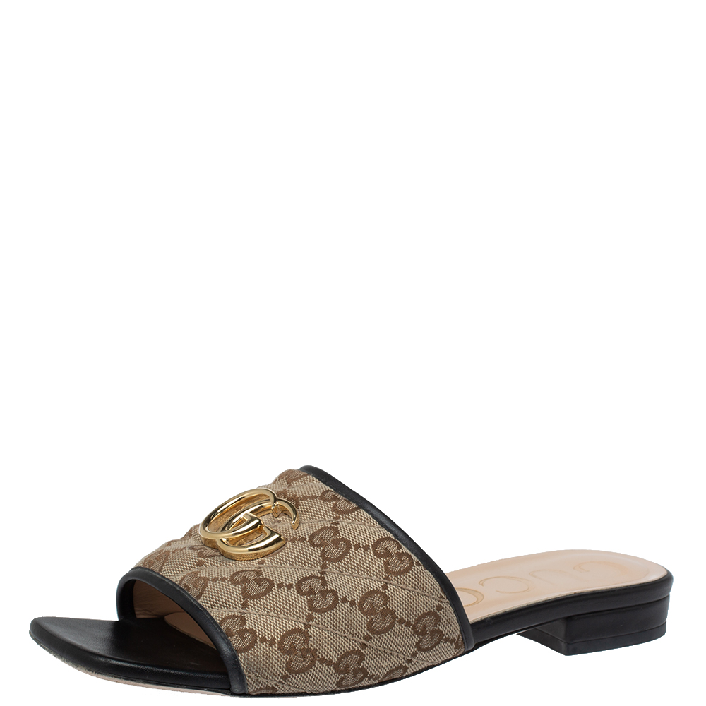 Gucci Beige/Black GG Canvas And Leather Slide Sandals Size 38