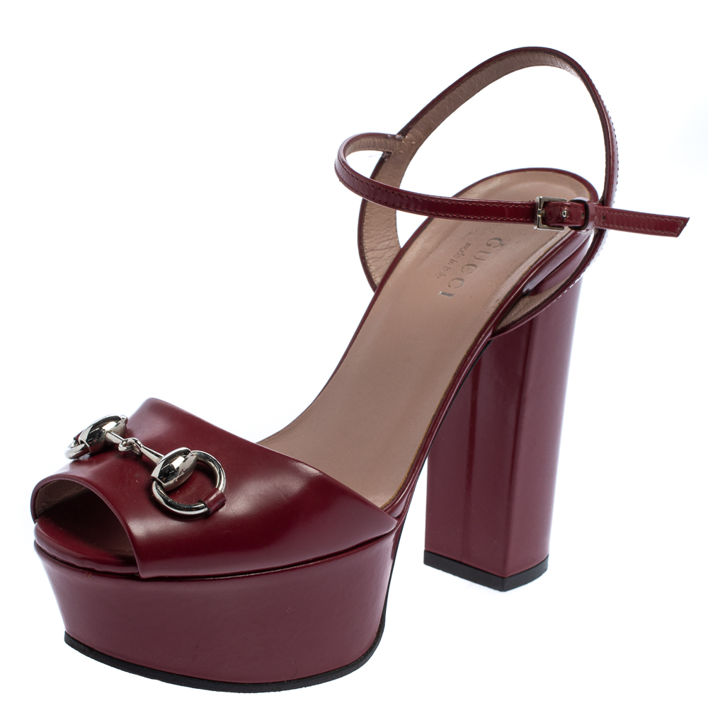 Gucci Burgundy Leather Horsebit Ankle Wrap Sandals Size 35.5