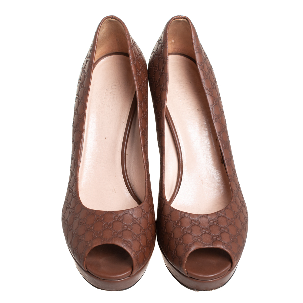 Gucci Brown Microguccissima Leather Peep Toe Platform Pumps Size 38.5