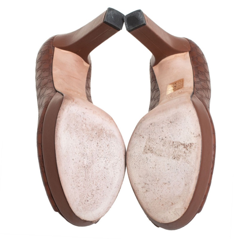 Gucci Brown Microguccissima Leather Peep Toe Platform Pumps Size 38.5